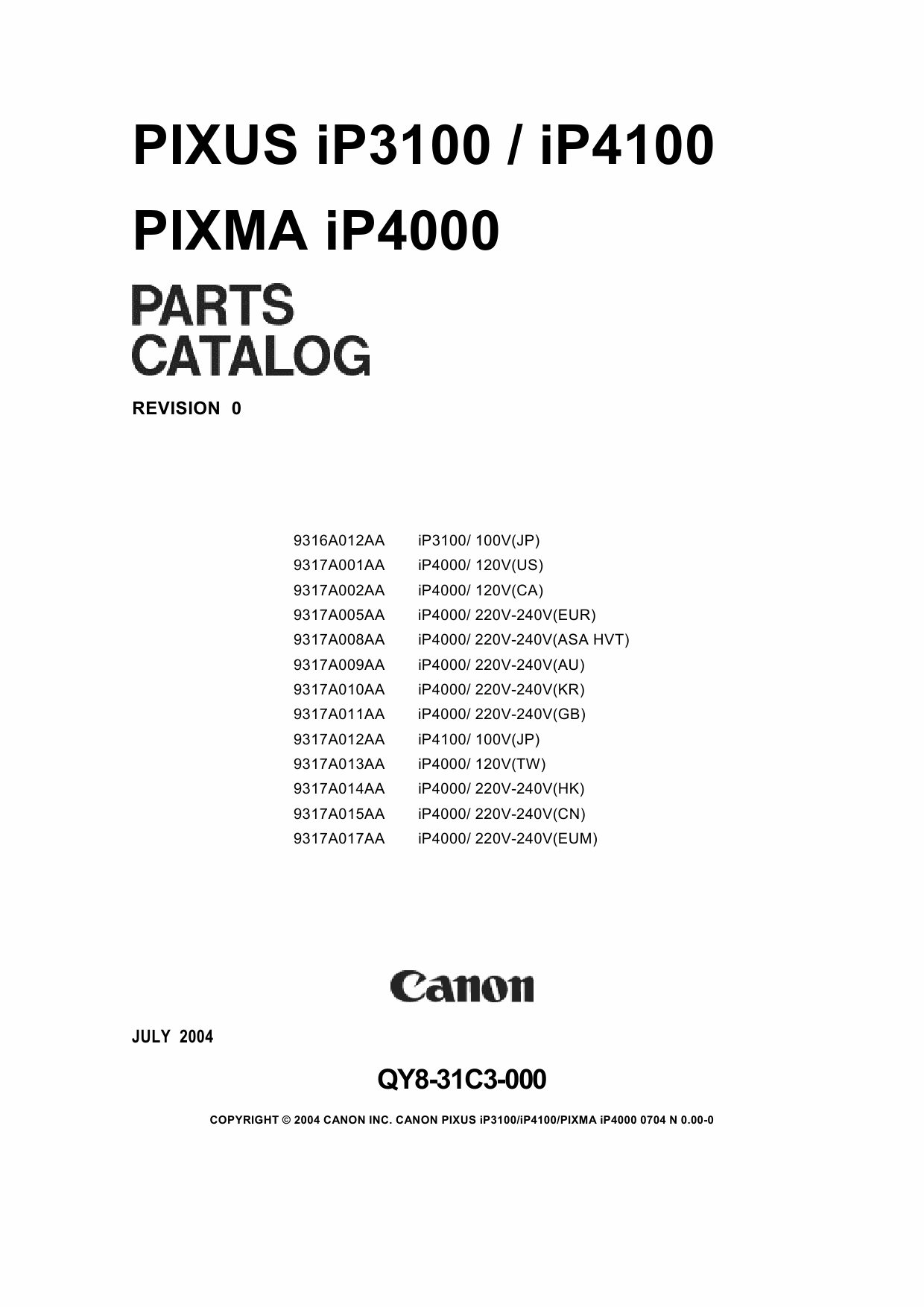 Canon PIXMA iP3100 4100 Parts Catalog Manual-1